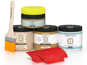 Retique It® Wood'n Finish Kit in Old Oak with satin top coat, showing application tools and wood finish sample.