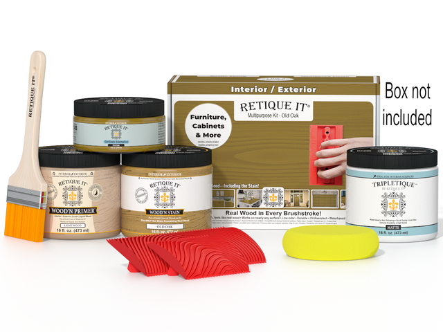 Retique It Wood'n Finish Kit in Old Oak for interior top coating, showcasing a multi-purpose wood finishing set in a box.