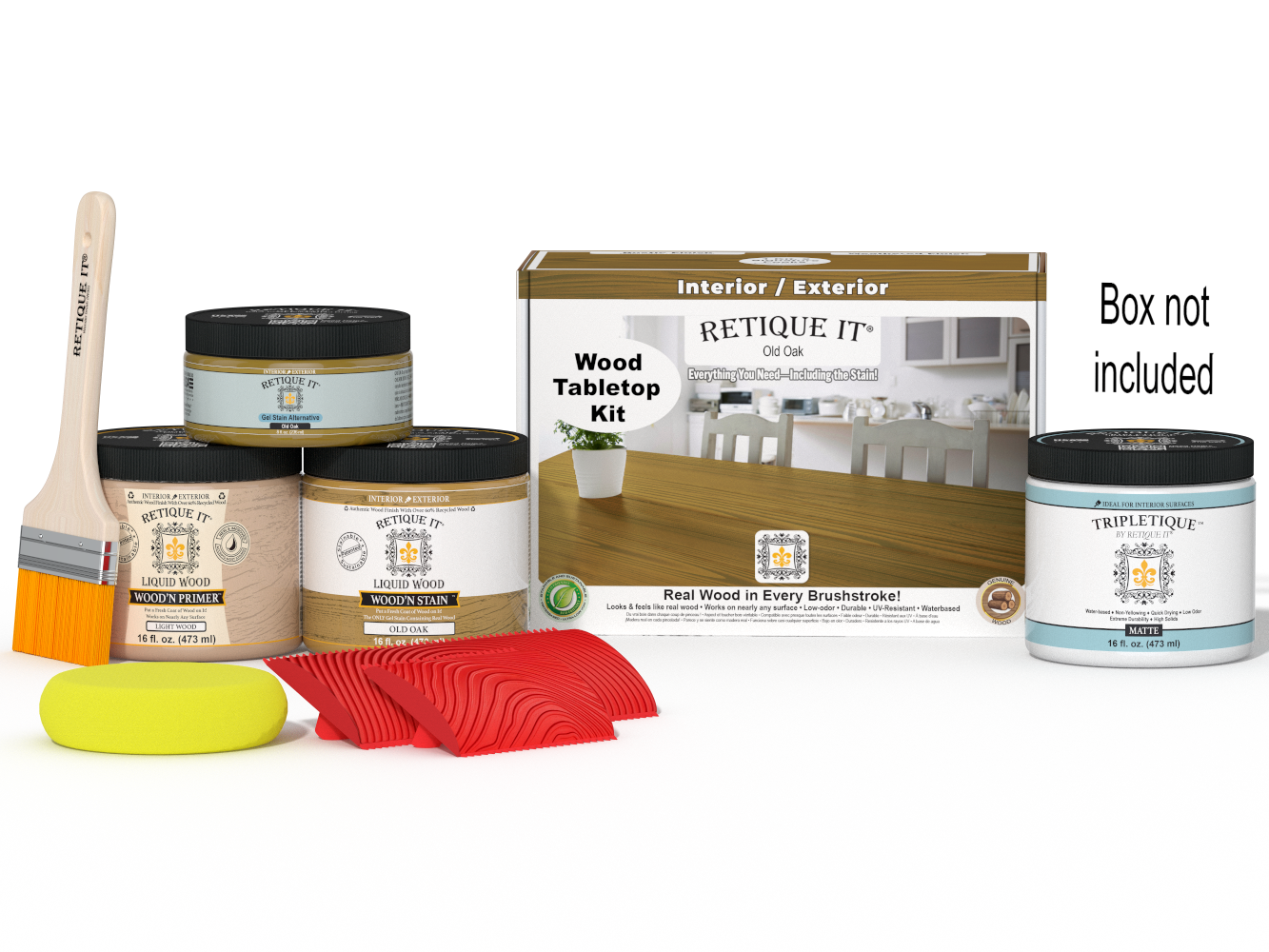 Retique It® Wood'n Finish Kit for tabletops in Old Oak stain, includes stain and finishing supplies in double size packaging