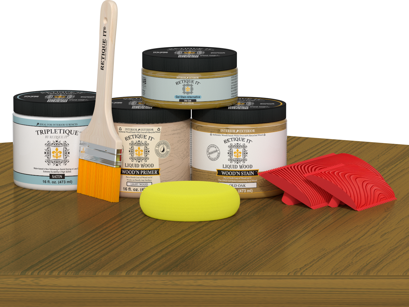 Retique It® countertop kit with Old Oak stain applied to a kitchen island, showcasing wood grain and finish details.