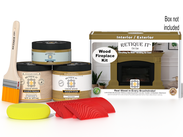 Retique It Fireplace Wood'n Finish Kit in Old Oak stain showing a complete fireplace with wood finish and stain applicator tools.