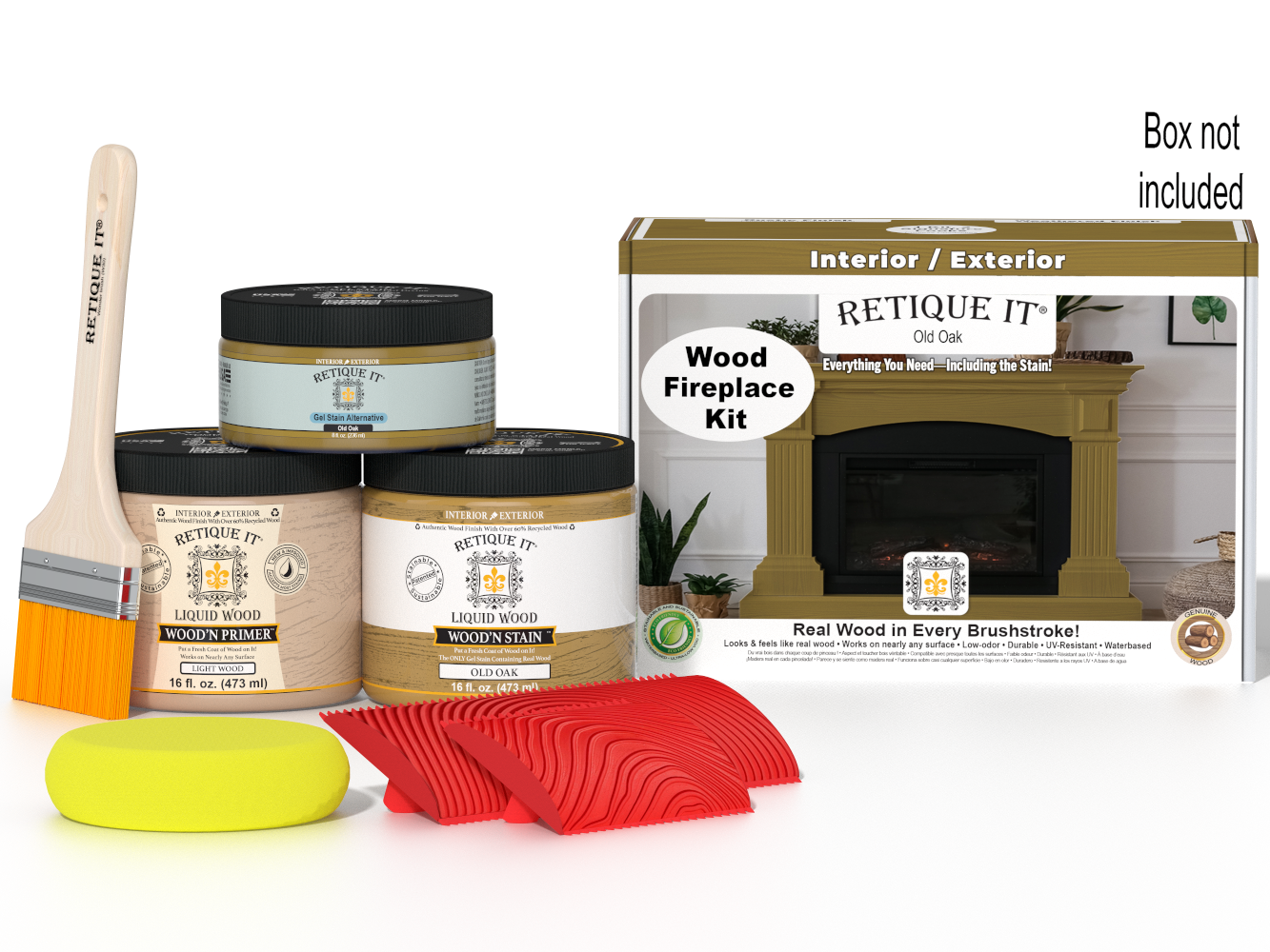 Retique It® Fireplace Wood'n Finish Kit in Old Oak stain, featuring wood stain bottles and application tools for full fireplace renovation.