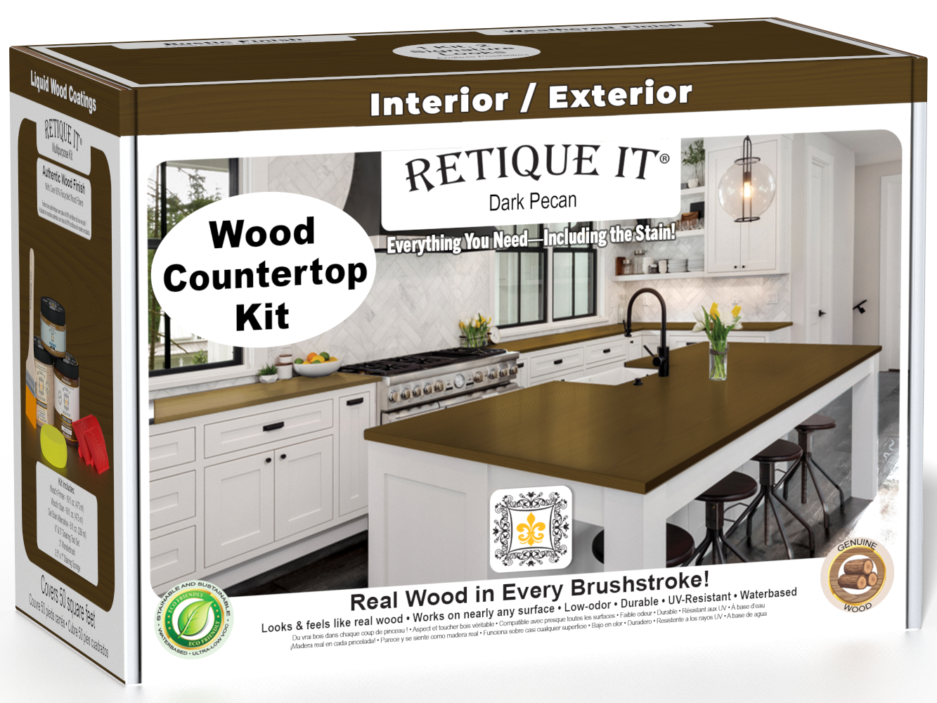 Dark Pecan kitchen island countertop kit by Retique It® featuring stain application, showcasing a finished wood surface.