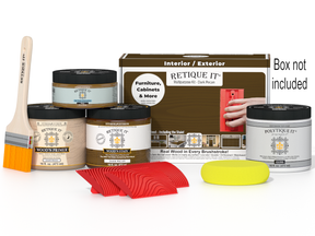 Multi-purpose Wood'n Kit in Dark Pecan by Retique It® for exterior wood finishing, featuring a box with finish bottles and application tools.