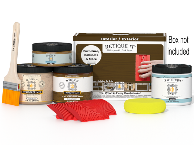 Dark Pecan Wood'n Finish Kit by Retique It for interior wood projects, includes top coat and application supplies.