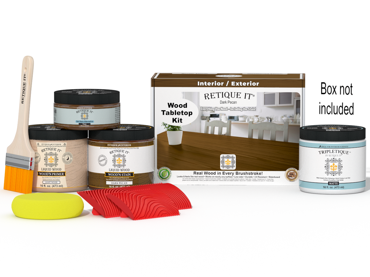 Retique It® Wood'n Finish Kit Double Size in Dark Pecan stain, showing a box and application tools for tabletop wood finishing.