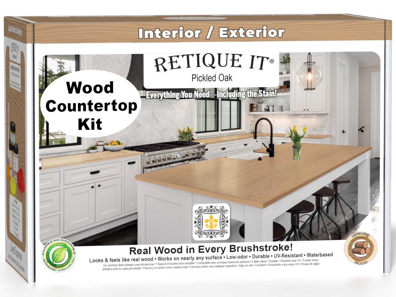 Retique It® pickled oak kitchen island countertop kit with stained finish, featuring a natural wood grain surface and detailed 3D box view.
