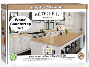Retique It® pickled oak kitchen island countertop kit with stained finish, featuring a natural wood grain surface and detailed 3D box view.