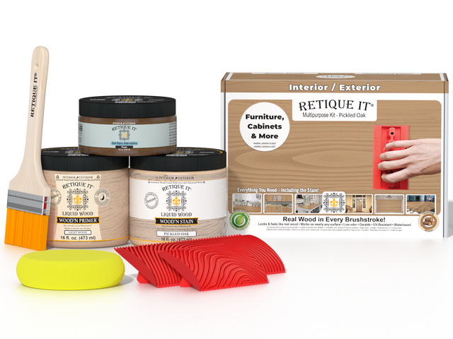 Retique It Wood'n Finish Kit in Pickled Oak, medium size, for versatile wood finishing projects, shown with product packaging.