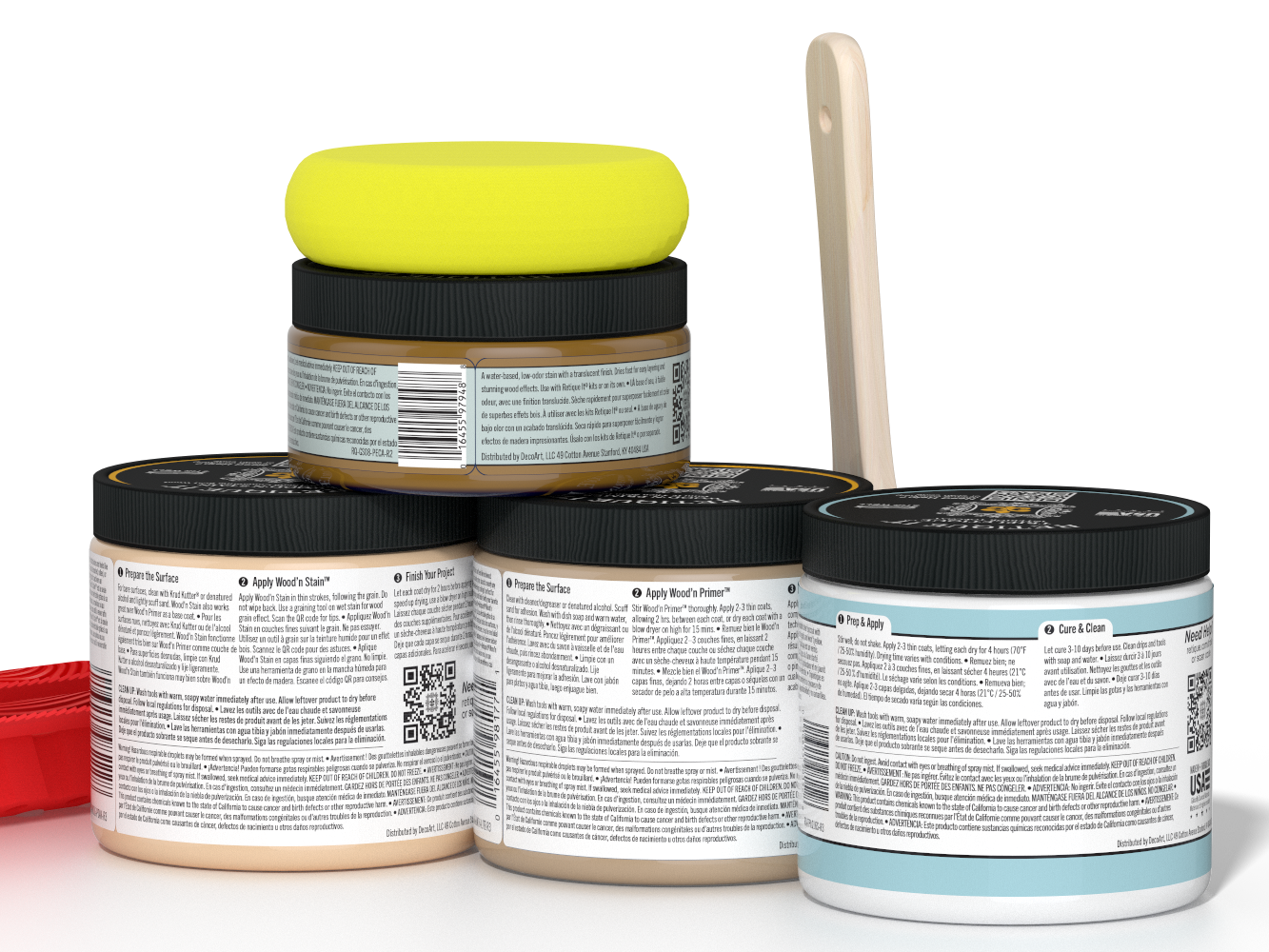 Back view of Retique It Multi-purpose Wood'n Kit in Pickled Oak for interior top coat, showing application tools and wood finish details.
