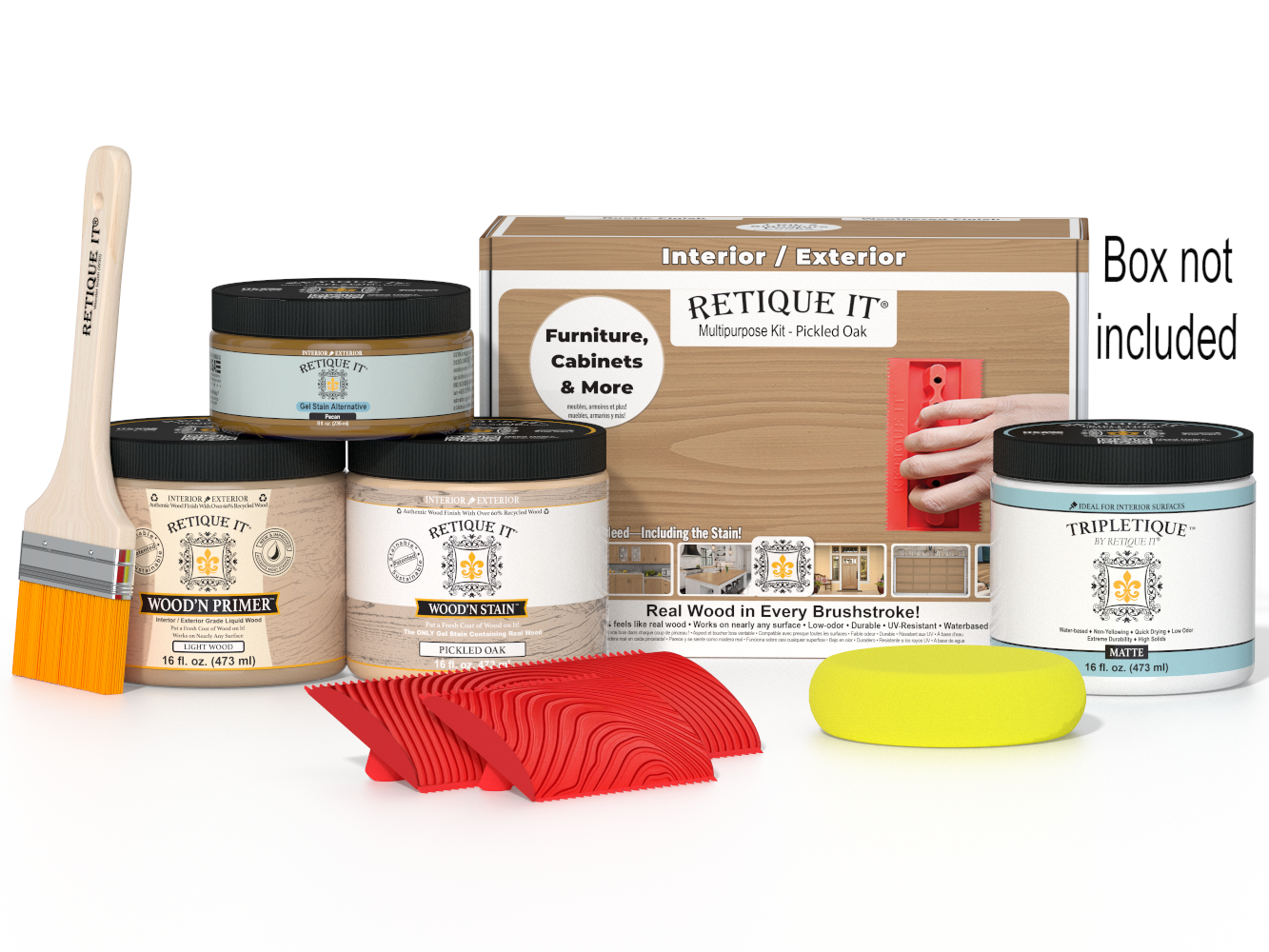 Retique It® Wood'n Kit in Pickled Oak, medium size, interior top coat for wood finishing, shown in its packaging.