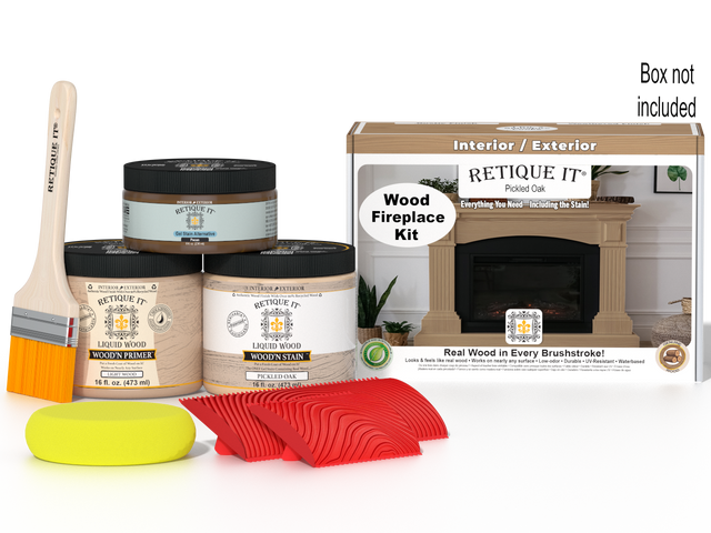 Retique It Fireplace Wood'n Finish Kit in Pickled Oak stain with a box, designed for full fireplace staining and finishing.