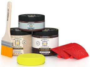 Multi-purpose Red Mahogany Wood'n Kit by Retique It® for interior top coat, showing the kit components and wood finish application.