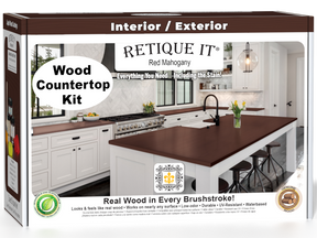 Red Mahogany stained kitchen island countertop kit by Retique It®, featuring a 3D view of the stain application on the surface.