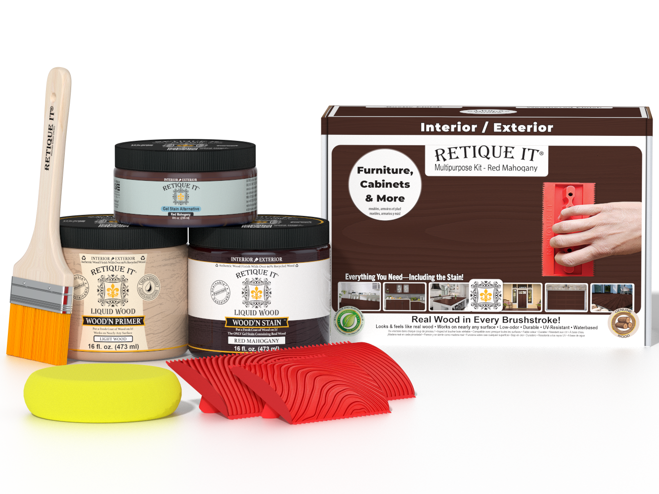 Multi-purpose Wood'n Kit in Red Mahogany by Retique It® for wood finishing, includes brushes and applicators in a compact kit.