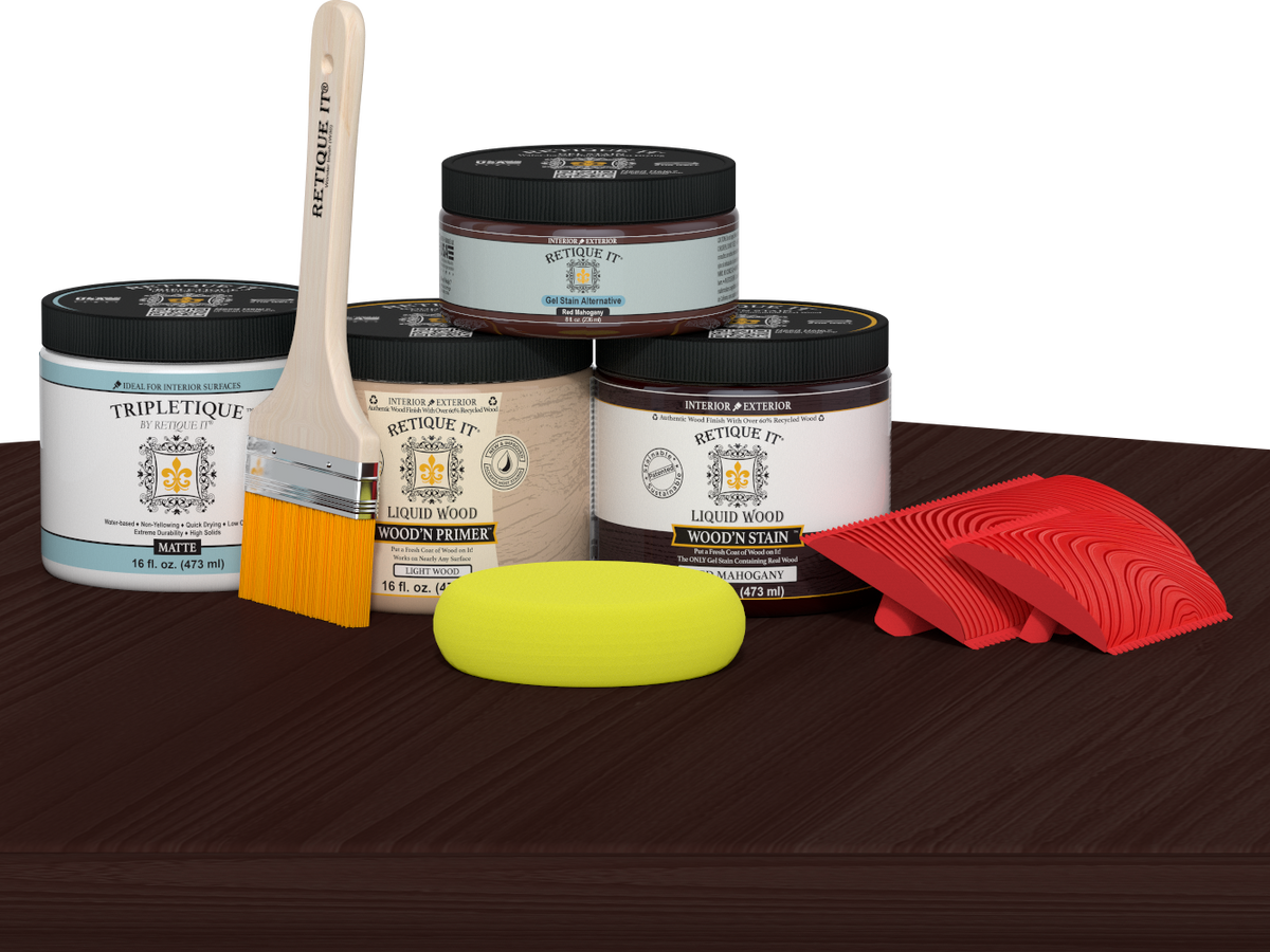 Multi-purpose Wood'n Kit in Red Mahogany for interior wood finishing by Retique It®, featuring top coat and finishing supplies.