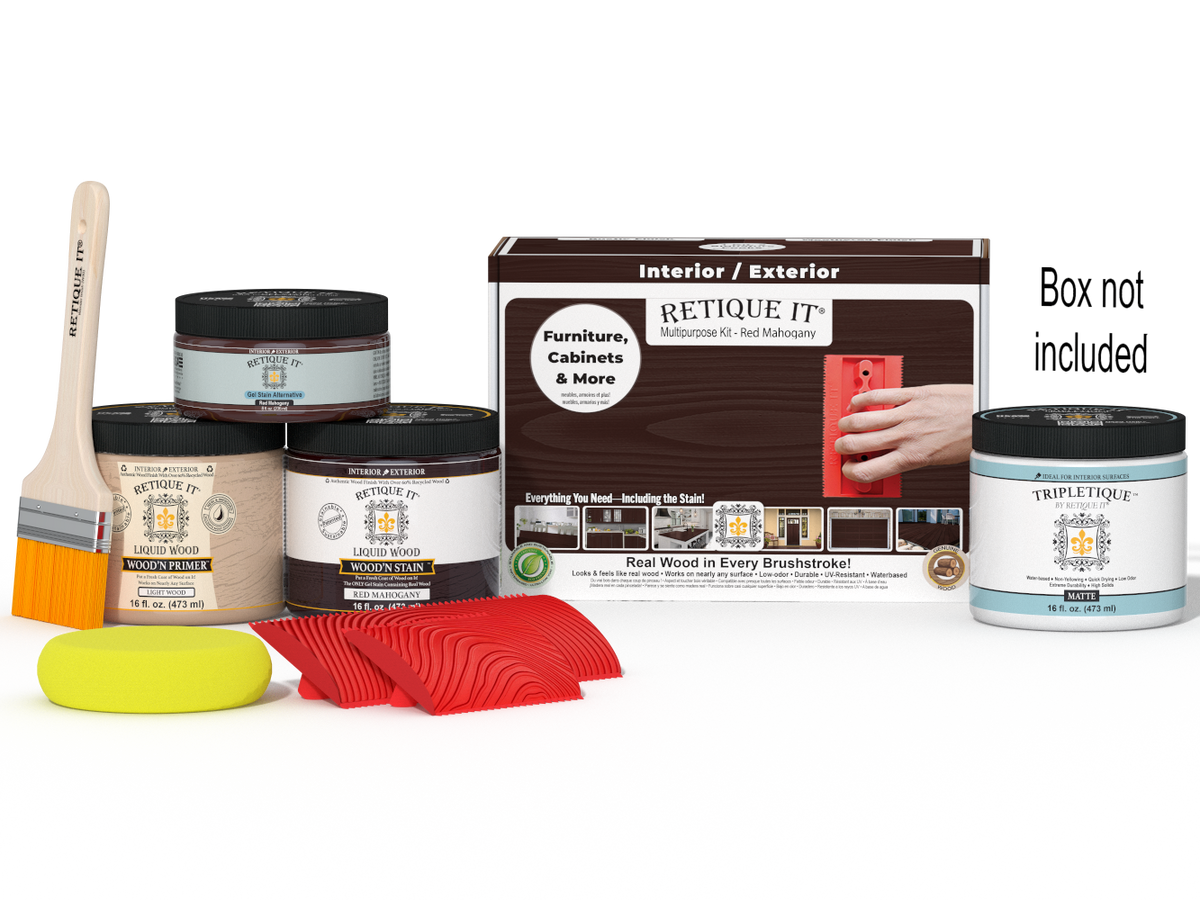 Retique It® Multi-purpose Wood'n Kit in Red Mahogany for interior top coat, showing the kit's contents and packaging.