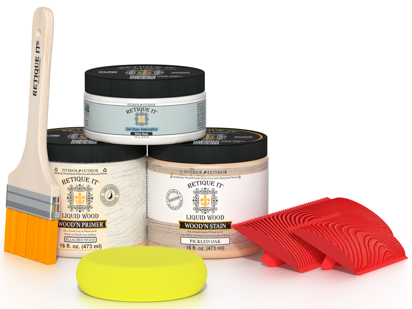 Sun-bleached Med Wood'n Finish Kit by Retique It® for wood projects, includes various tools and finishes in a multi-purpose kit.