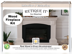 Retique It® Wood'n Finish Kit for full fireplace in sun bleached finish, with wood grain details and application tools visible.