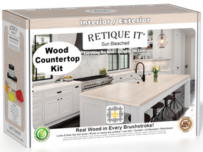 Sun bleached wood finish kit for kitchen island countertops by Retique It® Wood'n Finish Kits, includes application tools and materials.
