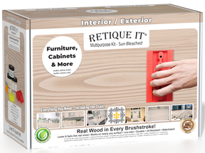 Sun-bleached Wood'n Kit (Med) by Retique It® for exterior wood finishing, includes top coat and application tools in a box.