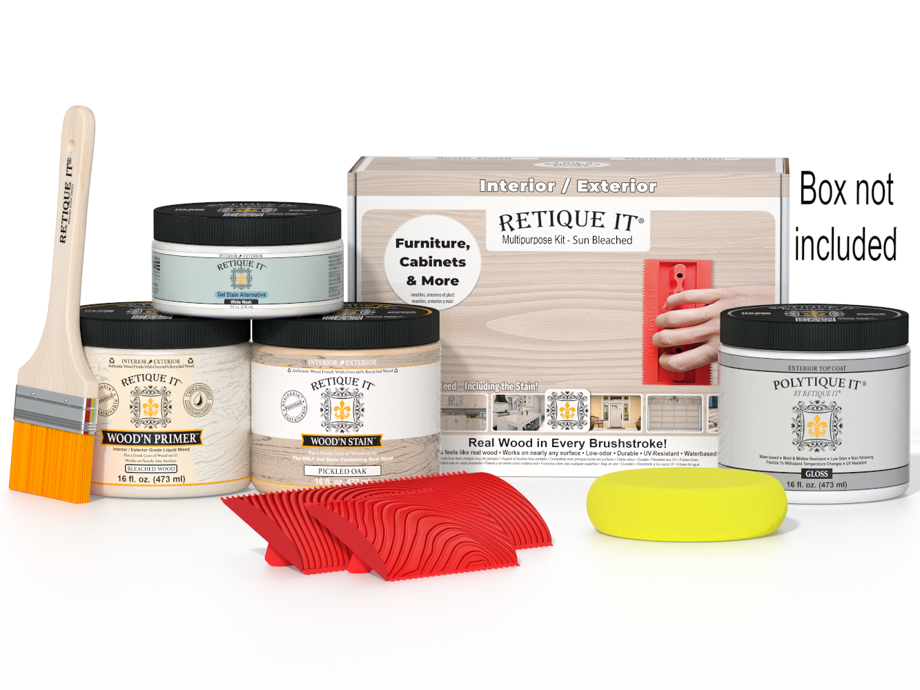 Retique It Wood'n Finish Kit in box with wood stain samples and finishing tools for furniture restoration and wood projects.