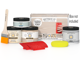 Retique It Wood'n Finish Kit in box with wood stain samples and finishing tools for furniture restoration and wood projects.