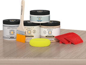 Sun-bleached Wood'n Kit (Med) by Retique It®, exterior top coat wood finish set with applicator on table.
