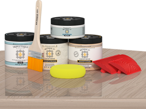 Double-sized Sun Bleached Wood'n Finish Kit by Retique It® with wood finish bottles and application tools on a table.