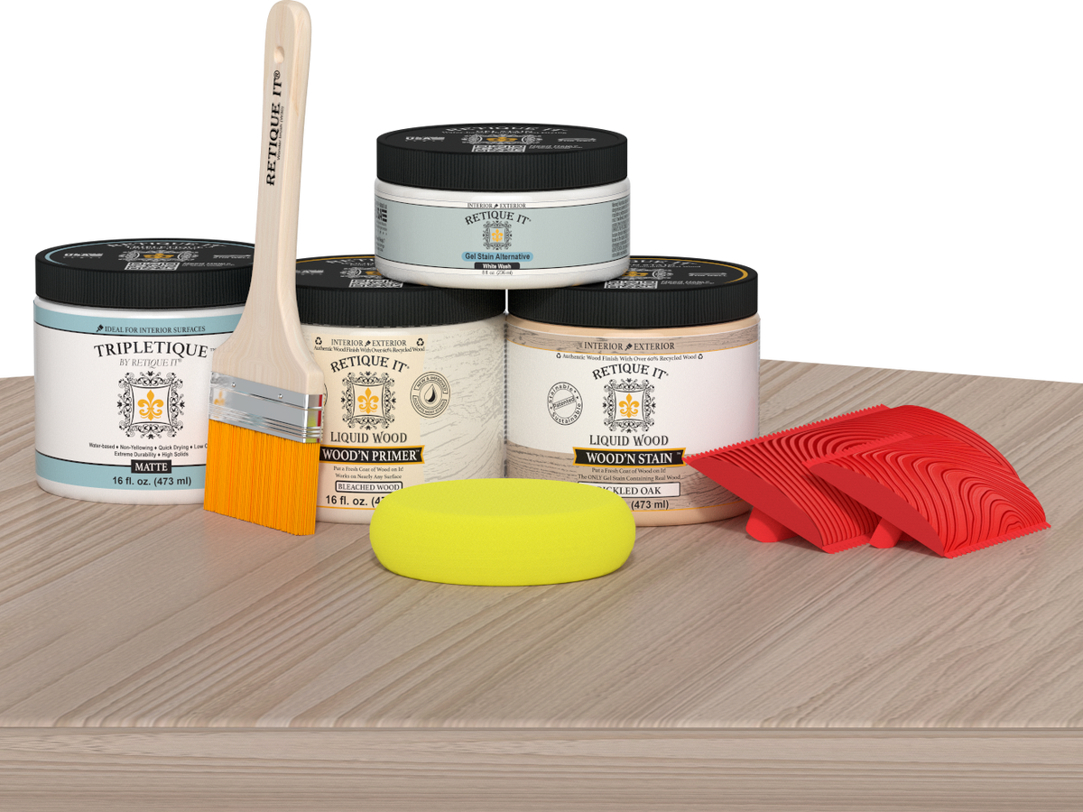 Retique It® Wood'n Finish Kit Double Size in Sun Bleached for tabletop wood finishing, includes wood stain and protective finish.