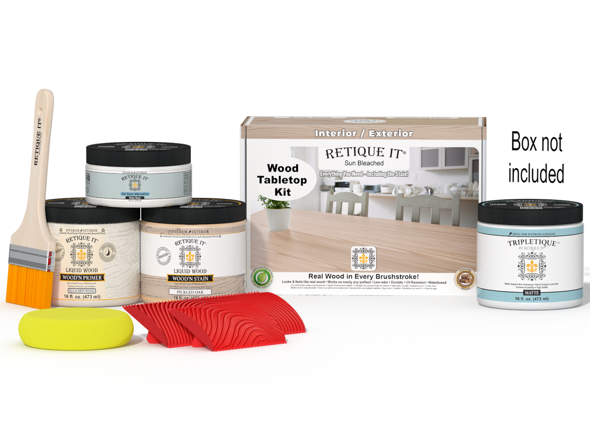 Retique It® Wood'n Finish Kit Double Size in Sun Bleached for tabletops, showing the kit with brushes and finishing products.