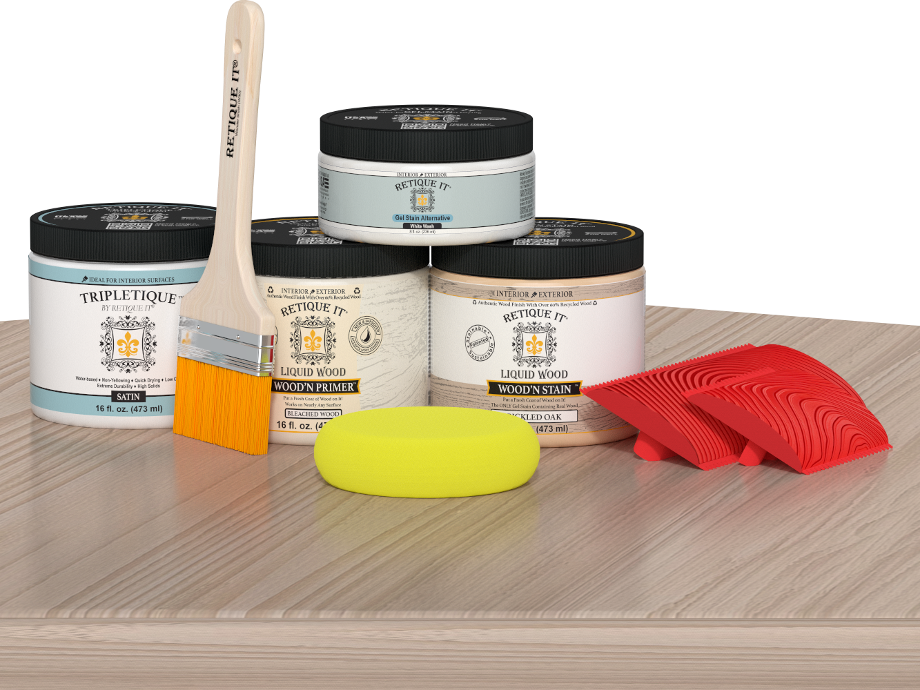 Retique It® Wood'n Finish Kit Double Size in Sun Bleached, tabletop with wood finish application and tools visible.