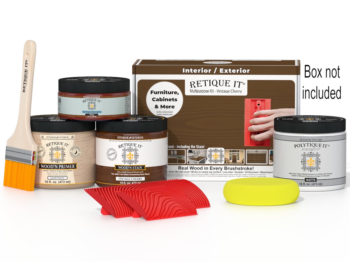 Multi-purpose Wood'n Kit (Med) in Vintage Cherry by Retique It® with exterior top coat, showcasing the wood finish kit in a box.