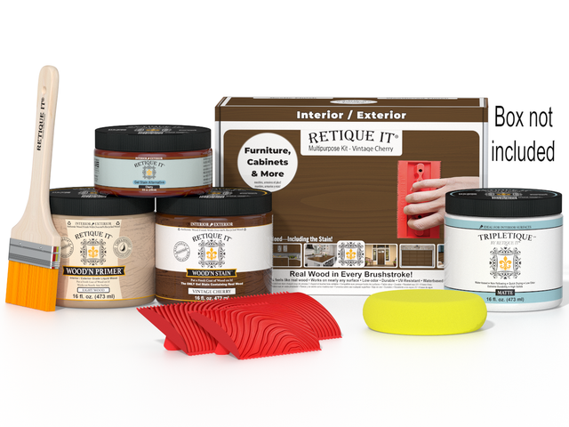 Multi-purpose Wood'n Kit by Retique It in Vintage Cherry finish, featuring interior top coat and wood finishing supplies.