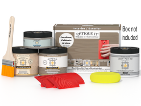 Retique It® Multi-purpose Wood'n Kit in Weathered Wood, exterior top coat, with finishing tools and wood stain sample in box.
