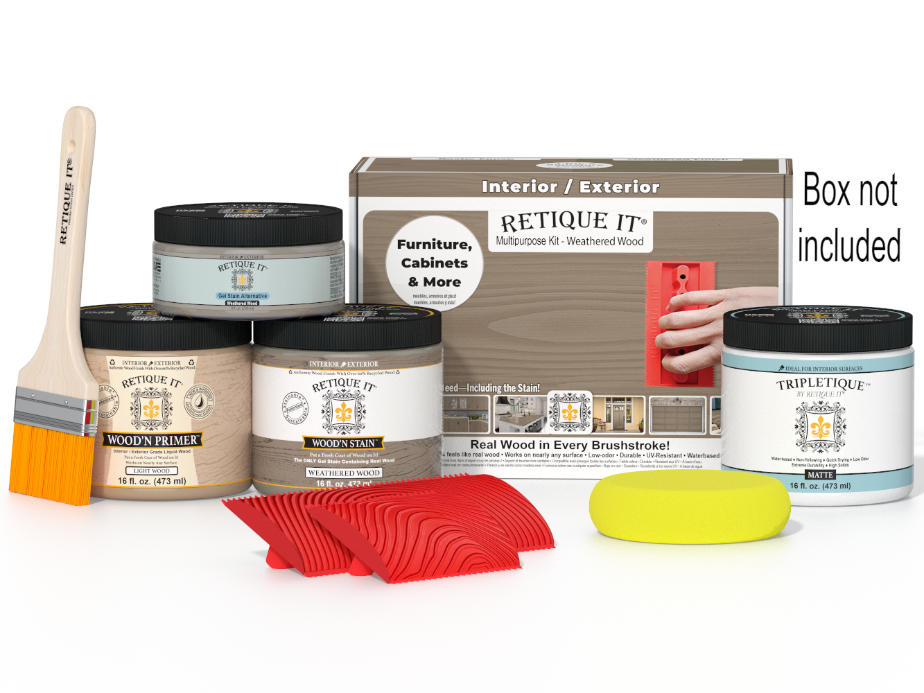 Retique It® Wood'n Finish Kit in Weathered Wood, interior top coat for multi-purpose wood finishing projects, shown in box.