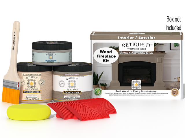 Retique It Weathered Wood Fireplace Wood'n Finish Kit showing stain bottles and full fireplace application for a weathered wood look.