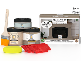 Retique It Fireplace Wood'n Finish Kit in Weathered Wood stain, showing the full fireplace with weathered wood finish and stain details.