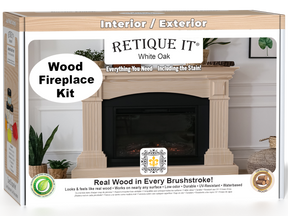 Retique It® Fireplace Wood'n Finish Kit in White Oak stain, featuring a full fireplace with wood finish options.