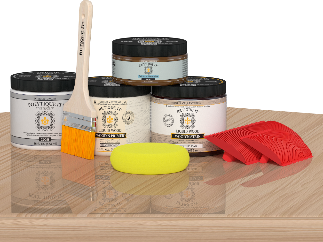 White Oak exterior wood finish kit by Retique It® with multi-purpose Wood'n Kit (Med) on a table, showcasing the product packaging.