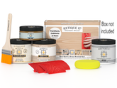 Retique It Wood'n Finish Kit in Oak, includes finishing supplies, shown in a box with wood stain and tools for furniture finishing.