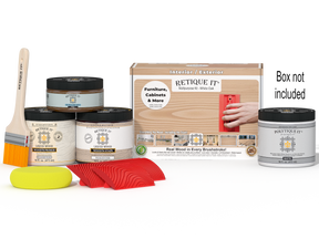 Retique It® Wood'n Kit in white oak finish with a wooden top coat, designed for exterior wood projects, shown with application tools.