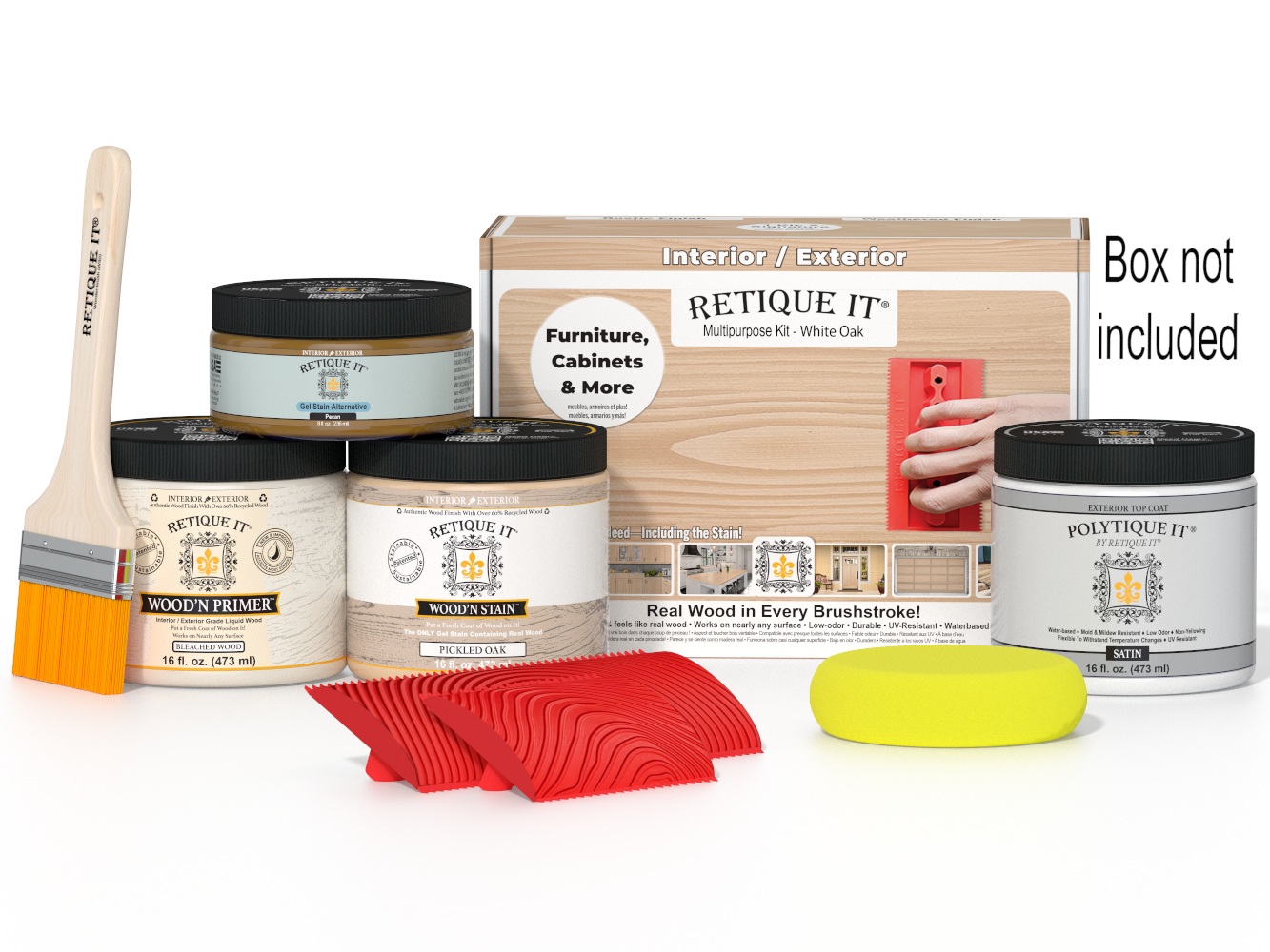 Retique It Wood'n Finish Kit in Warm Oak, includes wood stain and finish supplies for DIY furniture refinishing.