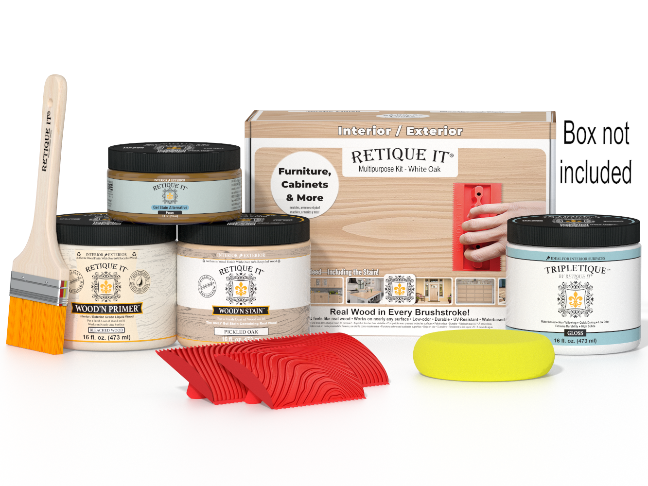 Retique It Wood'n Finish Kit in white oak for interior top coat, includes tools and supplies for multi-purpose wood finishing.
