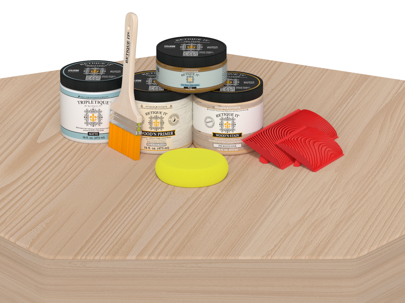 Retique It Wood'n Finish Kit in White Oak for interior top coat, shown on a table with wood surface.