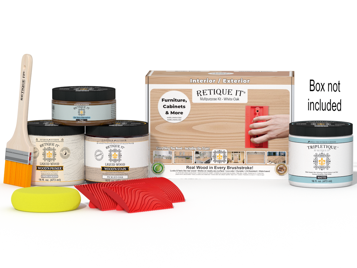 Retique It® Wood'n Kit in White Oak for interior top coat, featuring a multi-purpose finish set with applicator tools and wood sample.