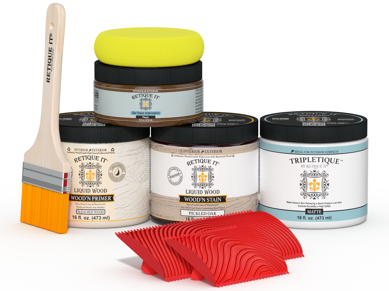 Retique It® Wood'n Finish Kit in White Oak for interior top coat, featuring a multi-purpose wood finish and application tools.
