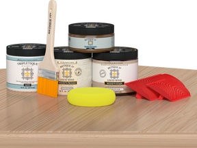 Multi-purpose Wood'n Kit in White Oak finish by Retique It® on a table, featuring interior top coat for wood finishing.