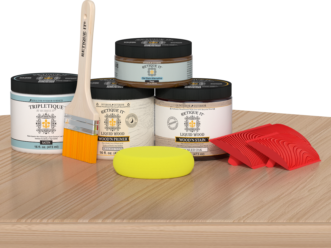 Retique It® Wood'n Finish Kit in white oak stain, double size, featuring wood stains for tabletop finishing, displayed on a table.