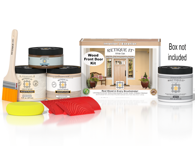 Retique It Wood'n Finish Front Door Kit in White Oak stain, featuring wood stain product with front door application.